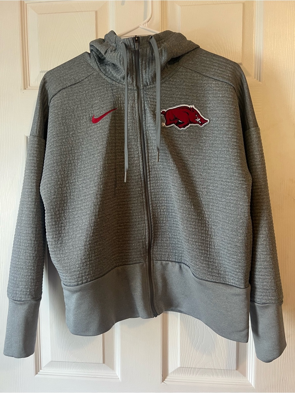 Nike Gray Zip-Up Hoodie with Red Razorbacks Patch